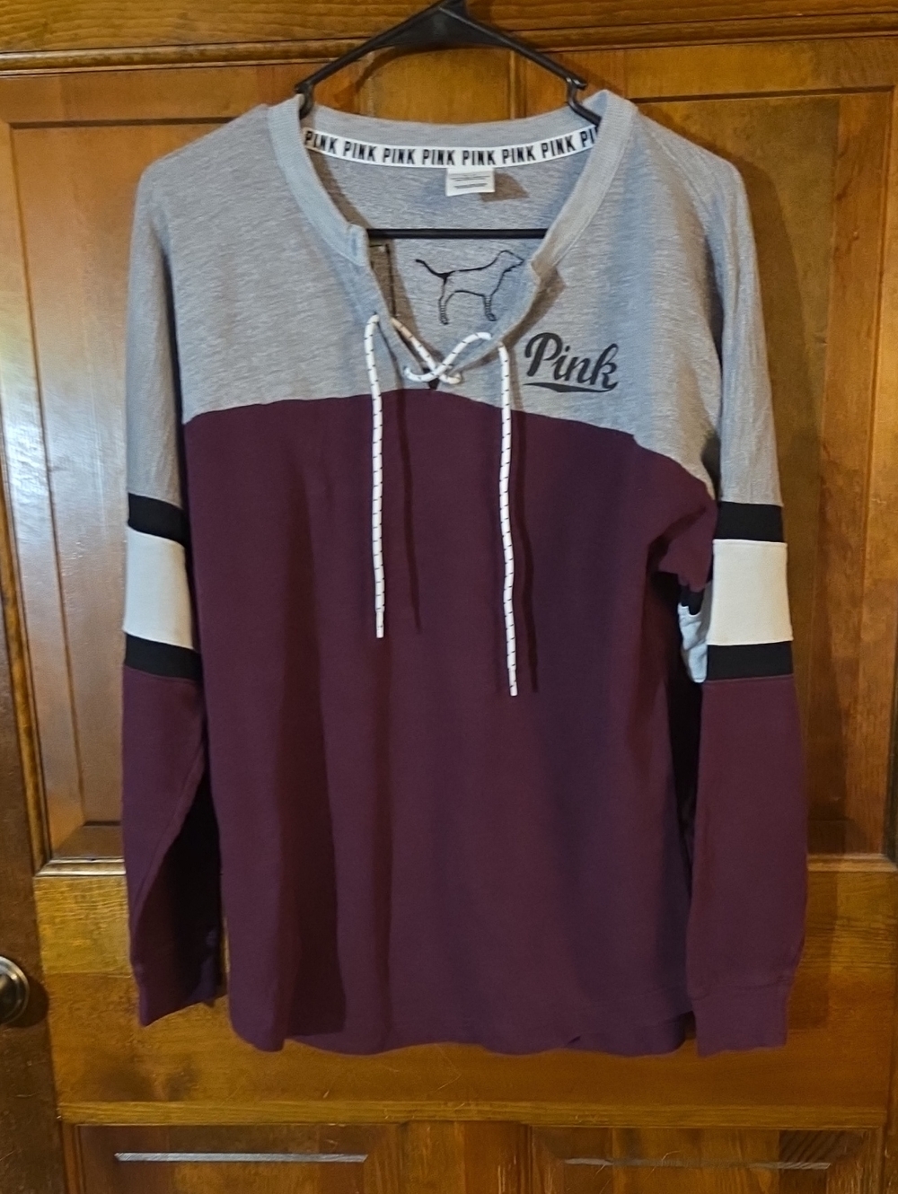 PINK Victoria's Secret Gray & Burgundy Lace-Up Colorblock Pullover